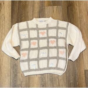 Vintage Jessica Stevens White Knit Sweater Pink Hearts Bows Size Large Preppy